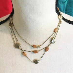 Three Strand Wood and Metal Beaded Necklace